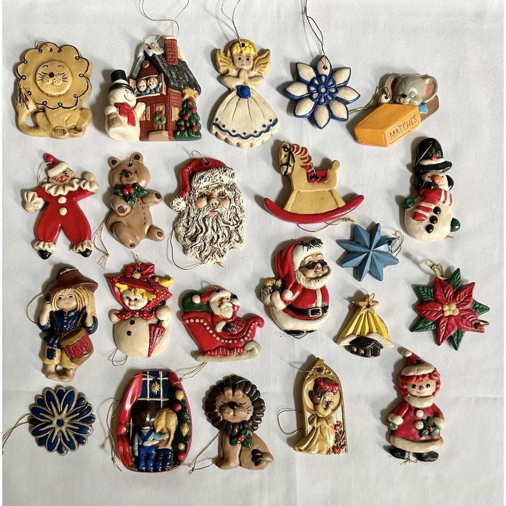Vtg MCM Hand-Painted Plaster Christmas Ornaments Lot 22 Pc Santa Snowman Animals